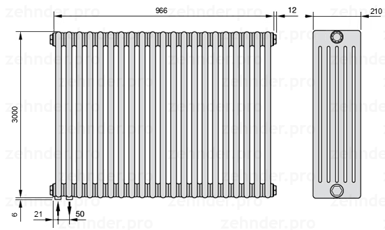 Схема (чертеж) Радиатор Zehnder Charleston 6300/21 №3370 Белый глянцевый RAL 9016